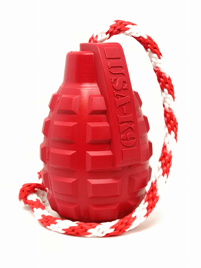 USA-K9 Grenade Durable Rubber Chew Toy, Treat Dispenser, Reward Toy, Tug Toy, and Retrieving Toy (Color: Red, size: medium)