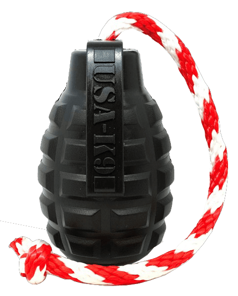 USA-K9 Grenade Durable Rubber Chew Toy, Treat Dispenser, Reward Toy, Tug Toy, and Retrieving Toy (Color: Black, size: large)