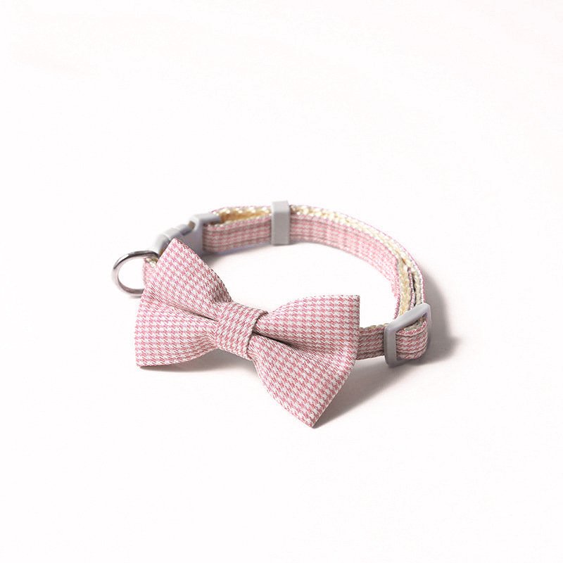 Pet Collar Houndstooth Design Bow (Color: Pink)