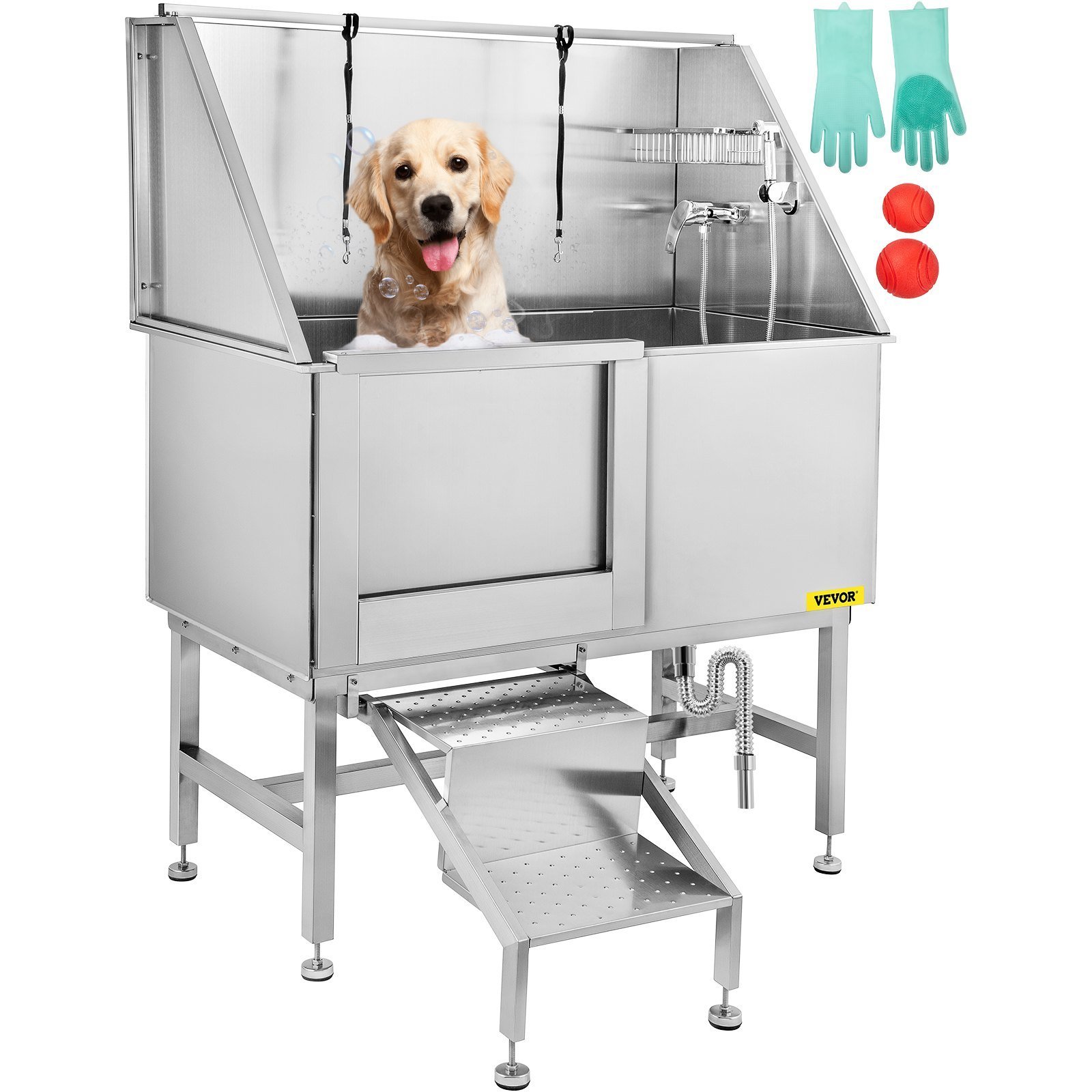 VEVOR  Dog Grooming Tub, Professional Stainless Steel Pet Dog Bath Tub, with Steps Faucet & Accessories Dog Washing Station Left Door (Type: 50 inch)