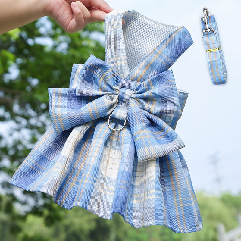 Dog Plaid Harness Dress With Leash (Option: 273 Sky Blue-M)