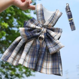 Dog Plaid Harness Dress With Leash (Option: 273 Navy Blue-M)