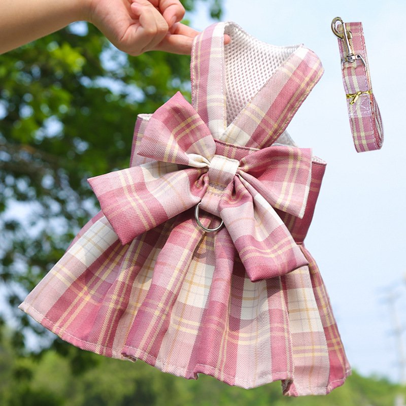 Dog Plaid Harness Dress With Leash (Option: 273 Deep Pink-XXL)