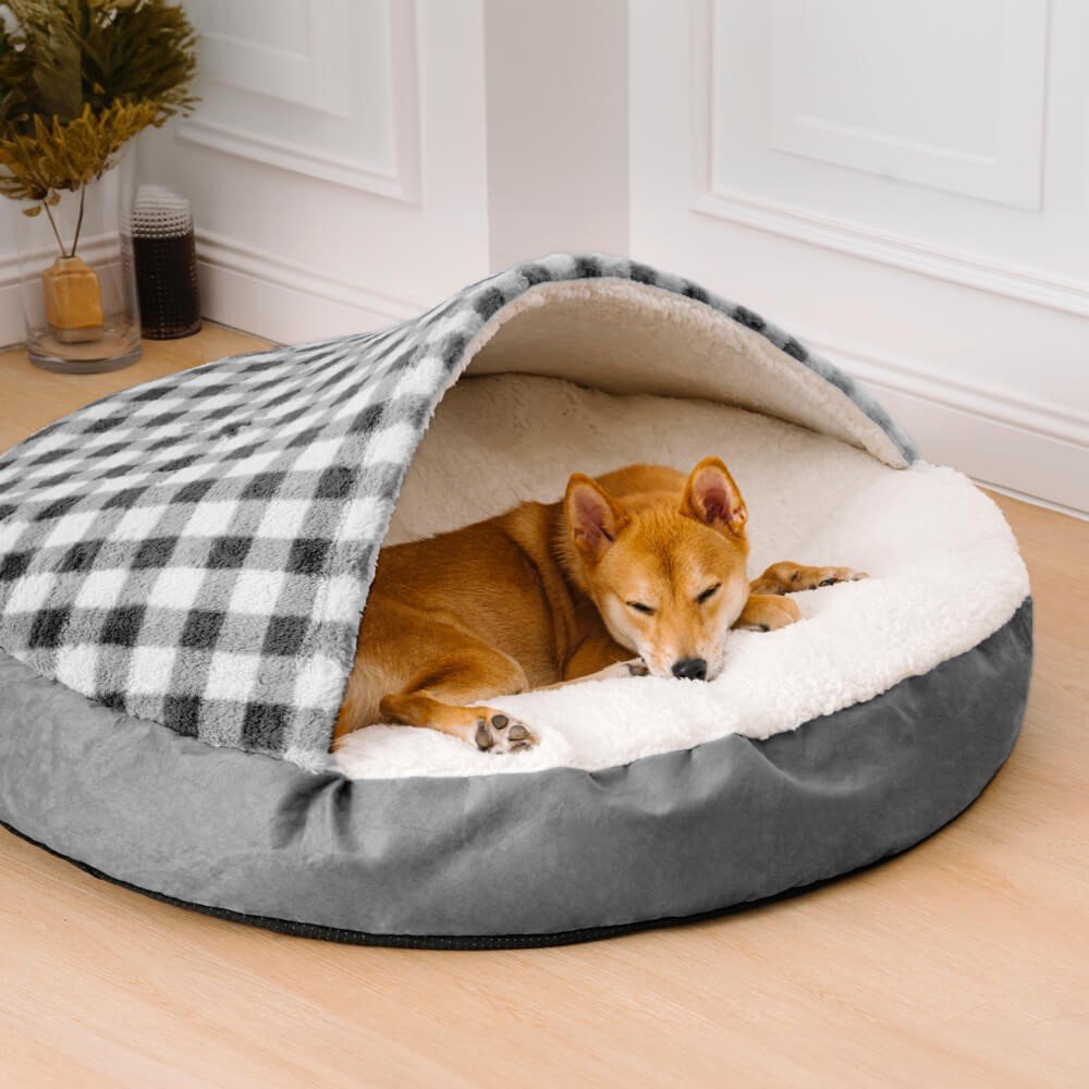 Universal Plush Dog Nest Bed (Option: Grayish White Plaid-M)